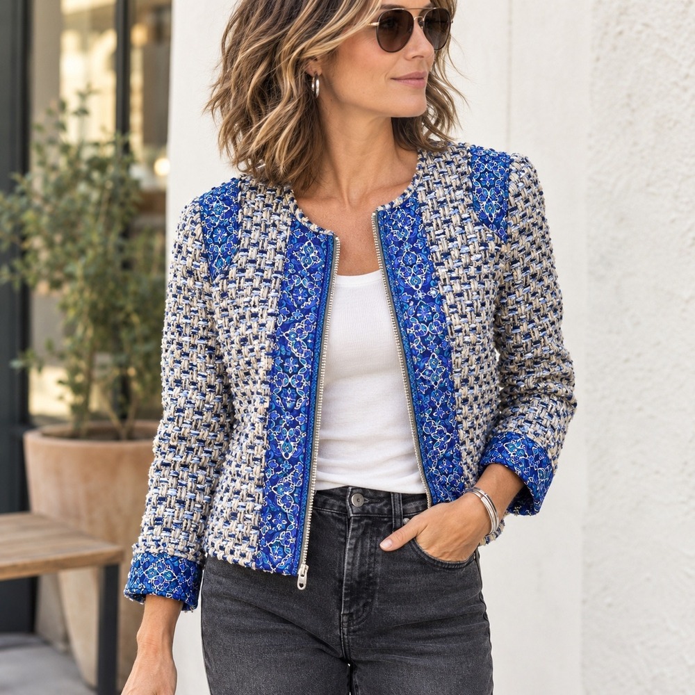 NWT Chico's Tweed Jacket Bandana Print Trim Fringe Full Zip Blue 1 8-10